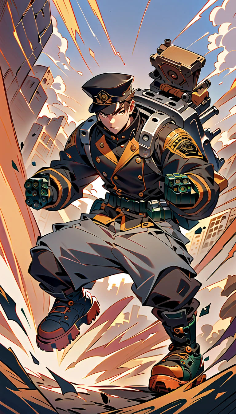 “Create an image of a character with brown hair wearing a yellow and black jacket, a gray skirt, and rollerblades. The character should have a hat that resembles a military uniform and an oversized, stylized backpack with various pouches and an attached grenade launcher. The setting should suggest a dynamic, action-packed environment.”