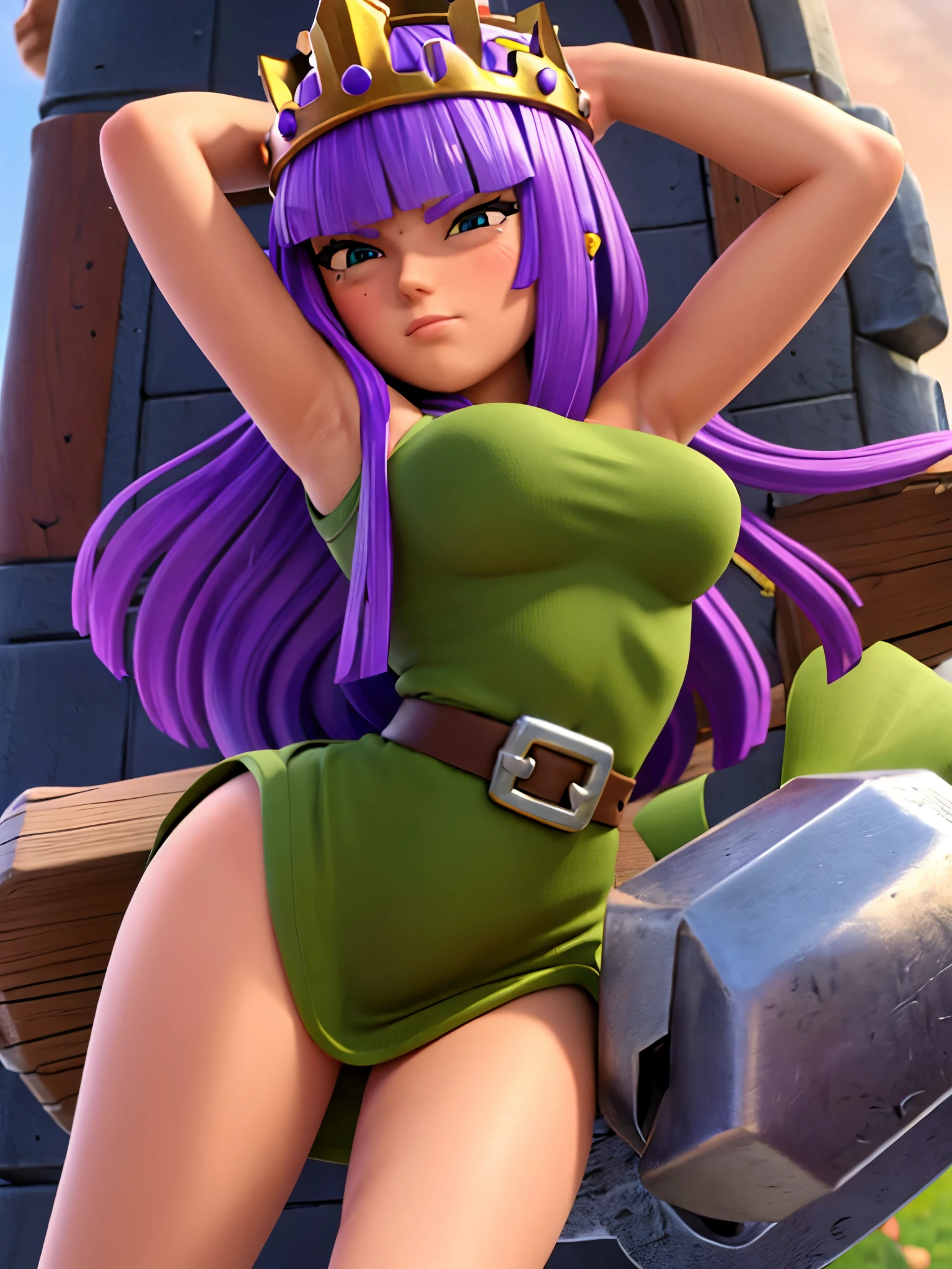 ArcherQueen, 1girl, solo, long hair, purple hair, blunt bangs,
green dress, dress, cape, crown, bracer, quiver,tight clothes, big breast, spread legs,tying in hair,horny,blush,steam,sweat,armpits,legs