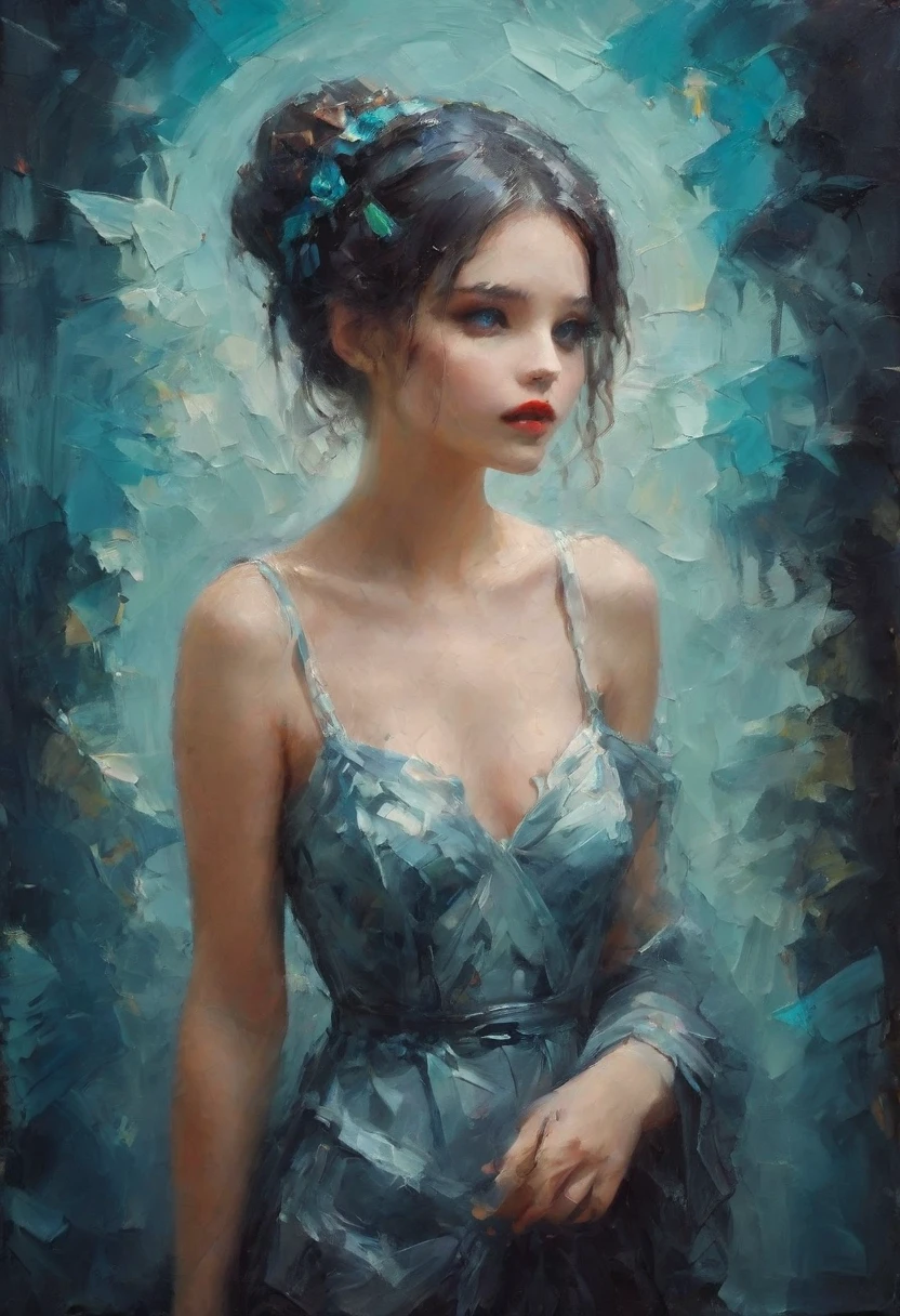 An oil painting in the Raphael style, 1 girl is wearing a backless dress,  blue gradient background,  neon hairstyle ,texture trim , (masterpiece, Best Quality )，( Fluorescent Color :1.4),(translucent:1.4),(Retro filter:1.4), (fantasy:1.4), 
