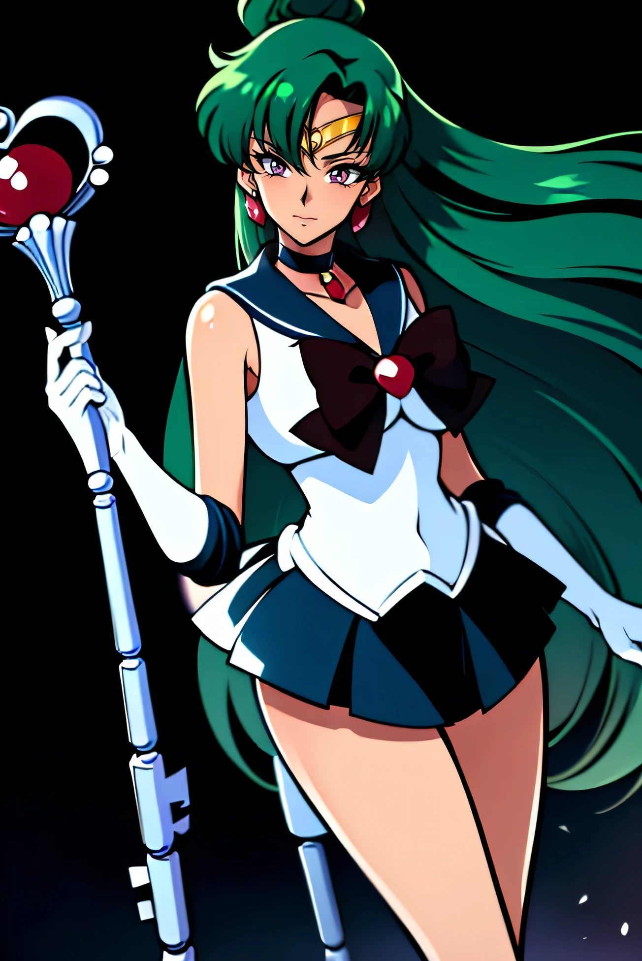 masterpiece, best_quality, highres, SetsunaMeiou, green_hair, hair_bun, red_eyes, big_breasts, standing, black_sailor_collar, black_skirt, black_choker, solo, sailor_senshi_uniform, tiara, staff, holding_staff, gloves