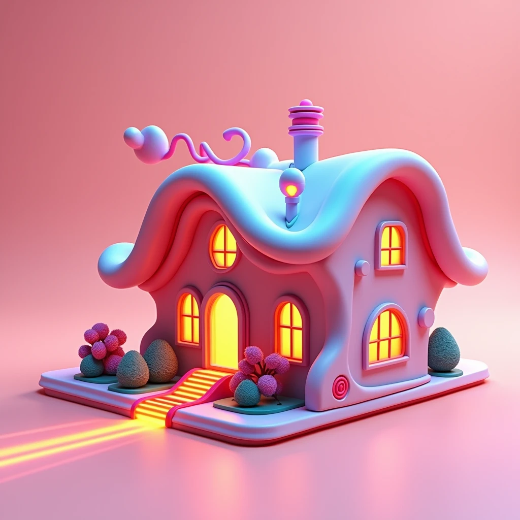 "A 3D animated house with a futuristic design, featuring vibrant colors and dynamic shapes, such as smooth curves and sharp angles. The house should have elements that suggest speed and energy, with spirals, glowing lights, and sleek, aerodynamic surfaces. The background should be a solid, plain color, emphasizing the house's design. The overall feel should be lively, bold, and modern, with a clean and polished appearance that gives it a fast and exciting vibe."
