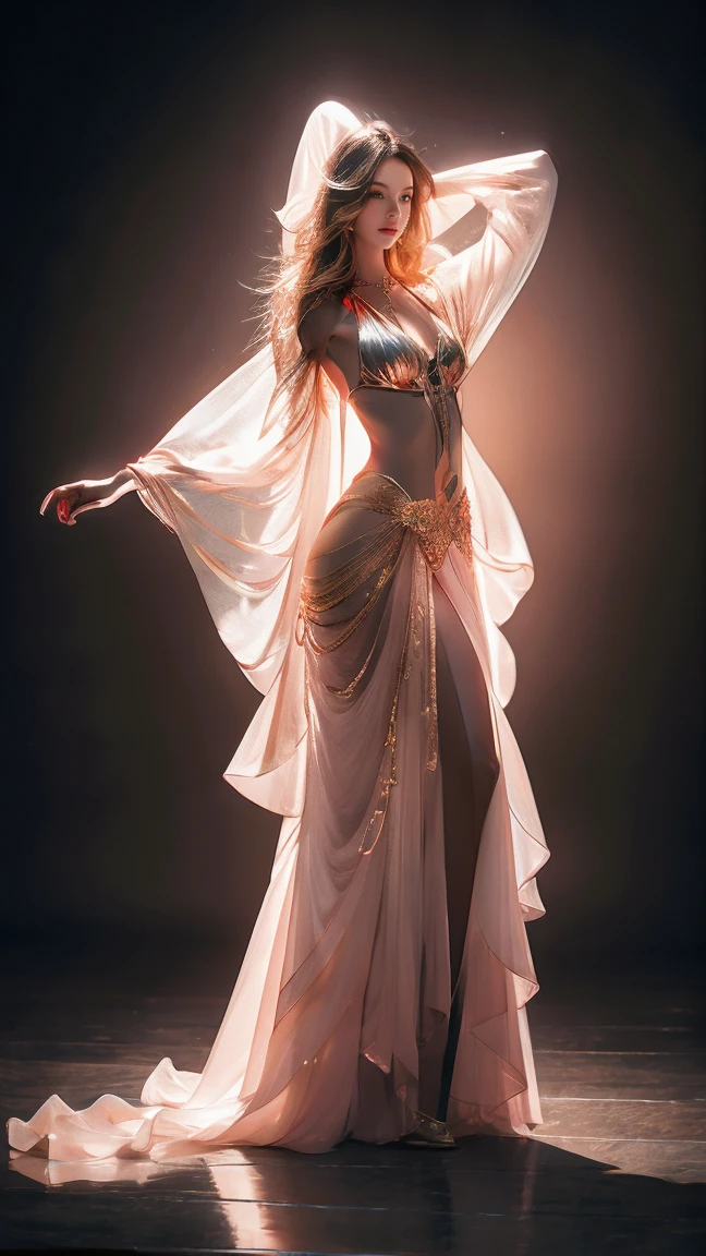 A surreal human body art image，Show beautiful body lines and ultimate beauty。The character has long hair that changes from golden to pink，Shining like a flowing rainbow，Adding a dreamy and romantic atmosphere。Soft but layered lighting，Highlights the delicate texture and luster of the skin，The background uses a charming gradient tone，Creating a dreamlike atmosphere。The character wears a uniquely designed artistic costume，Perfectly combines the beauty of the human body with artistic sense，Both fashionable and fantasy elements。The overall style combines a sense of future technology with a retro feeling，Presents a delicate light and shadow tracking effect，The picture is as clear as a top-level photographic work，Visually stunning。Using Sony A7RV-level image quality， virtual and real combined ，Gives a strong visual impact and artistic enjoyment。