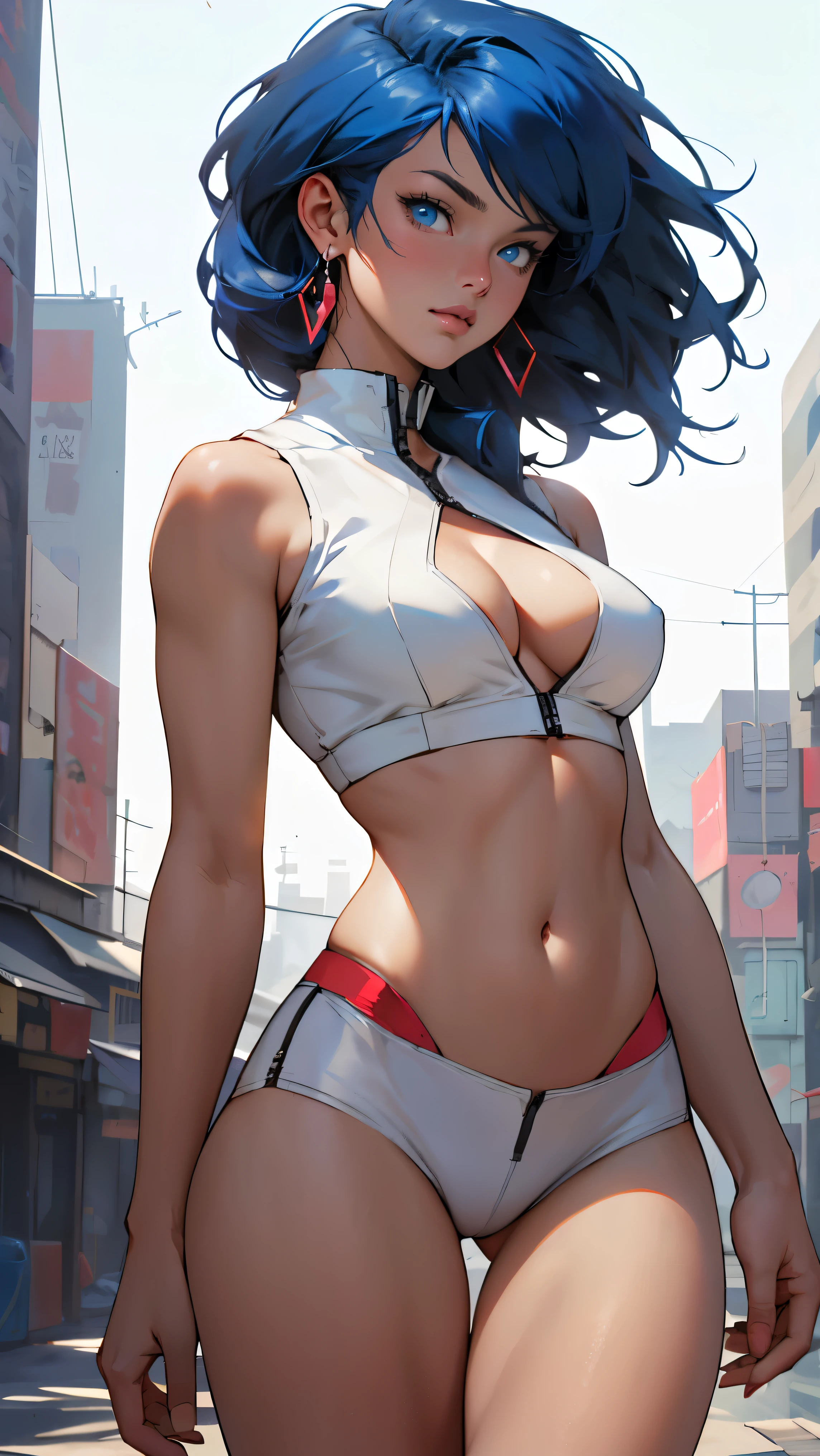 ((Masterpiece, highest quality; 1.3)), super quality, beautiful detail, super detailed, extra fine, 16K, exquisite, absurd, high resolution, beautiful background, detailed background, beautiful eyes, beautiful skin, anime style, dirtypairyuri, Dirty Pair Yuri in a skimpy white outfit, long blue hair, blue eyes, earrings, white uniform, white crop top, cutout, sleeveless, wearing tight clothing, skimpy, (breasts: 1.2), cleavage, cleavage, , obliques, fit arms, slim waist, ((wide hips)), fit thighs, (thigh gap), showing stomach, (skinny frame), wide hips, cyberpunk city background, holding a retro space gun