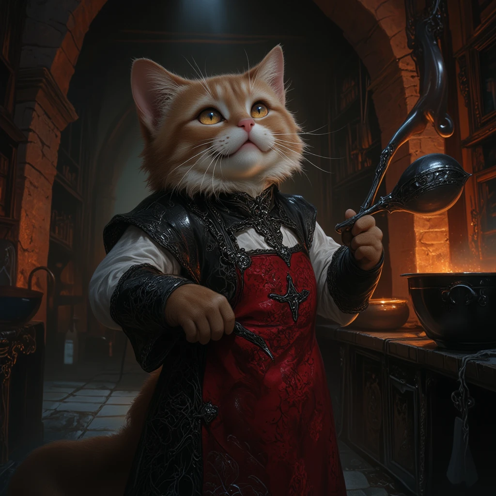 A stunning 3D rendering illustration of an orange-furred teenage cat, portrayed as a muscular warrior. The cat is dressed in a fashionable and elaborate armor, adorned with intricate designs and a cape. In a surreal forest cafe setting, the cat is shown sipping wine from a glass, exuding a strong and confident presence. The atmosphere of the scene is cinematic, with a touch of anime and conceptual art, creating an immersive and visually captivating experience., conceptual art, cinematic, anime, 3d render, fashion, illustration