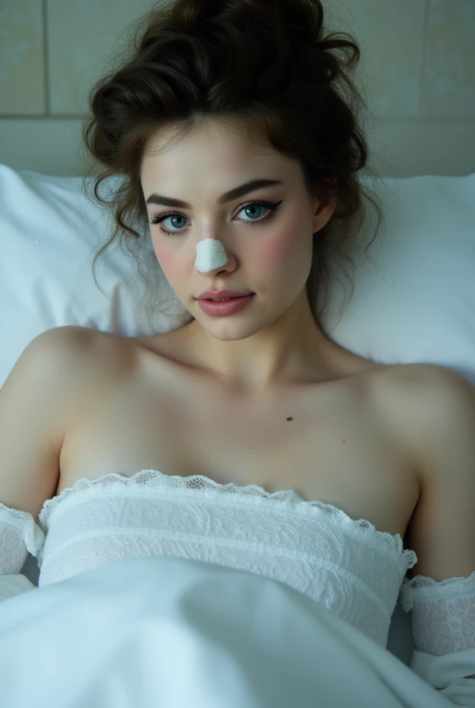 Slim tall athletic woman, age 25, 8k (High definition), looks like ElenaKoshkaQuiron, beautiful, blue big bug eyes, dressed in a hospital gown, bandage over her nose, 1800s style hairstyle, curly thick black hair, hair up, curvy, small perky breasts, sitting up in bed, hospital background