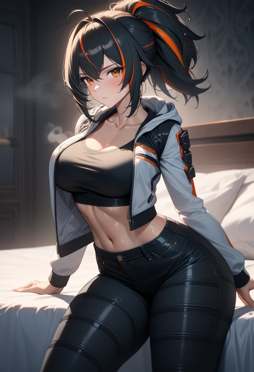 masterpiece,best quality,high resolution,16k,ultra HD,wallpaper,illustration,perfect face,cowboy shot,beautiful detailed eyes,extremely detailed face,perfect lighting,extremely detailed CG,perfect anatomy,perfect body,perfect hands,perfect fingers,1woman,full body,,muscle fighter body,(black long ponytail hair with orange mesh lines hair),orange eyes,large breasts,Medium ass,, (black tube top with open white hood jacket),black denim short pants,,clothed,,collarbone,,looking at viewer,(),Steam,sweat, on the bed,(Zenless Zone Zero character Zhu Yuan),adult,