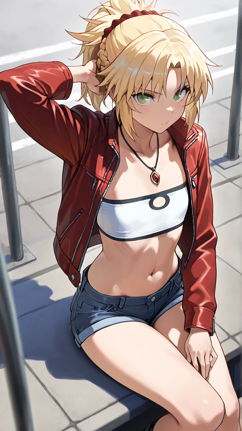 fgomordred
High quality ,  top quality , masterpiece,  high res, detailed face , anatomically correct , 
 detailed face 
緑の目,Blonde,  ponytail,  short hair, scrunchie,  red scrunchy ,  Hair Scrunchy,  flat chest, slightly toned body, a woman with a cool face , boyish woman , cool woman ,Eye colour(green)
In the city,In front of the public
The short denim , デニム  shorts, gem, midriff, belly button,  necklace,  Red Jacket, short  shorts,  shorts,  tube top , white top,

solo,  1 girl,  from your hand and direct your gaze, ,The face is facing directly in front of the viewer
tongues,  is staring,
 Yankee sitting( squats), squats,Sit down