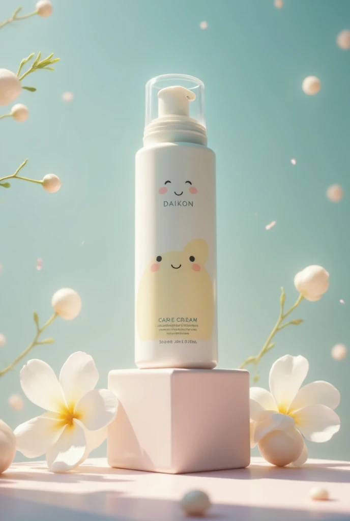 A realistic advertisement for a skin care cream with DAIKON's cute illustration on the label. The cream is placed in an elegant bottle, and the soft lighting accentuates its texture. The pastel colors of the background express calm and freshness, while DAIKON's cute character adds a playful touch.