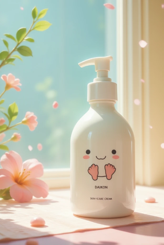 A realistic advertisement for a skin care cream with daikon's cute illustration on the label. The cream is placed in an elegant bottle, and the soft lighting accentuates its texture. The pastel colors of the background express calm and freshness, while daikon's cute character adds a playful touch.