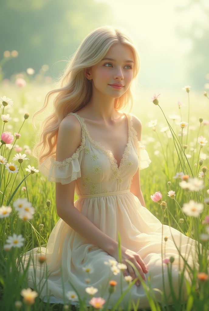 high quality шедевр, photo, detailing, blonde, big eyes, meadow with flowers flooded with light, hyperrealism, detailing, high quality, A glade of flowers, sunlight, wind, Short dress, smile,