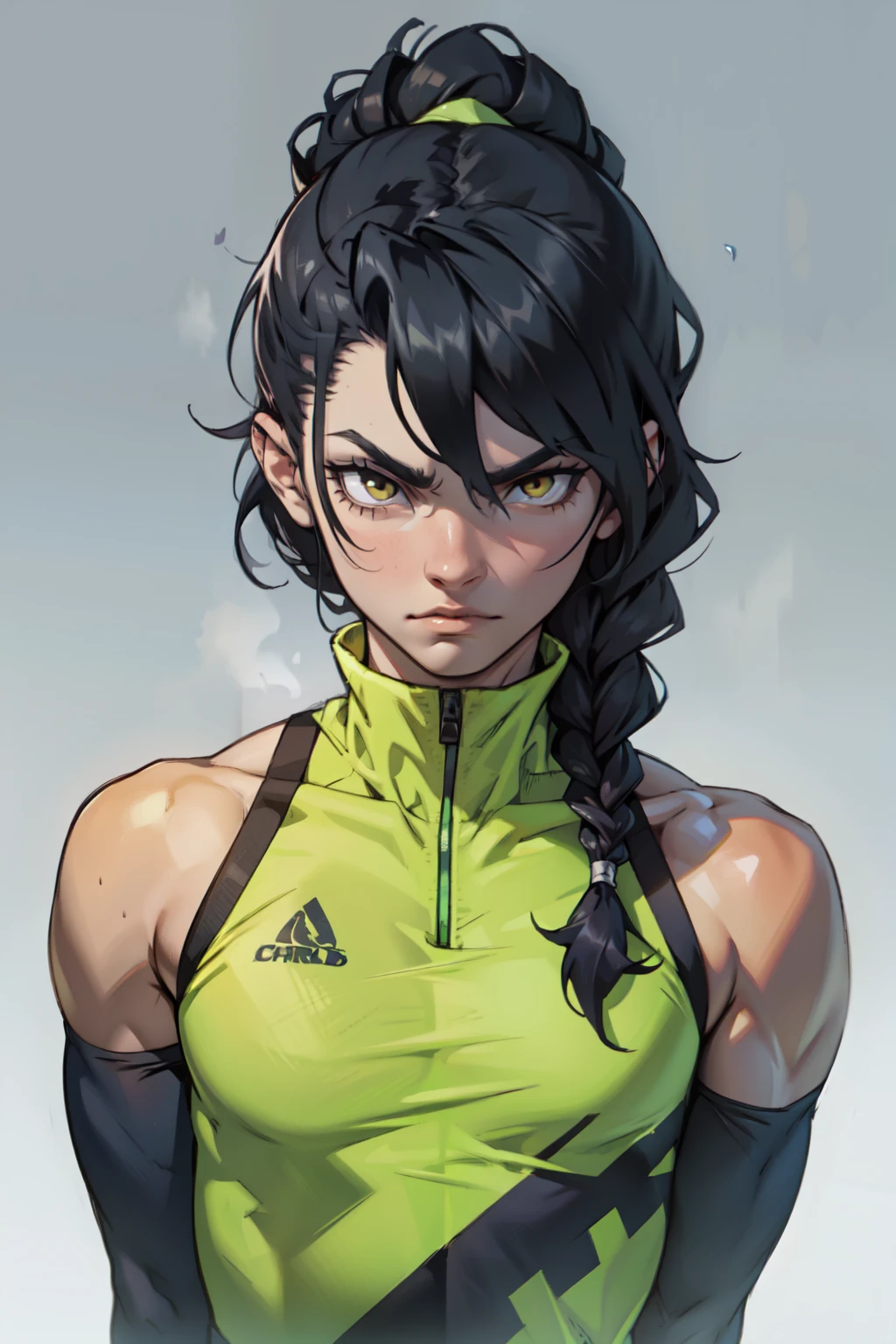 empty eyes embarrassed girl black hair yellow eyes pale skin muscular girl feminine 