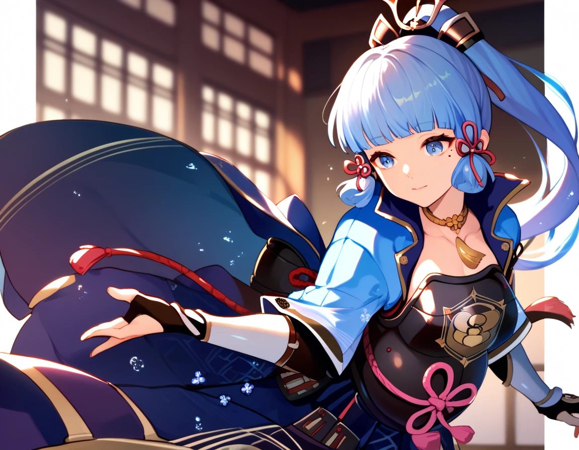 defAya, blue hair, blue eyes, blunt bangs, mole under eye, ponytail, long hair, hair ornament, hair ribbon, japanese armor, blue jacket, hakama, armored dress, arm guards, pregnant