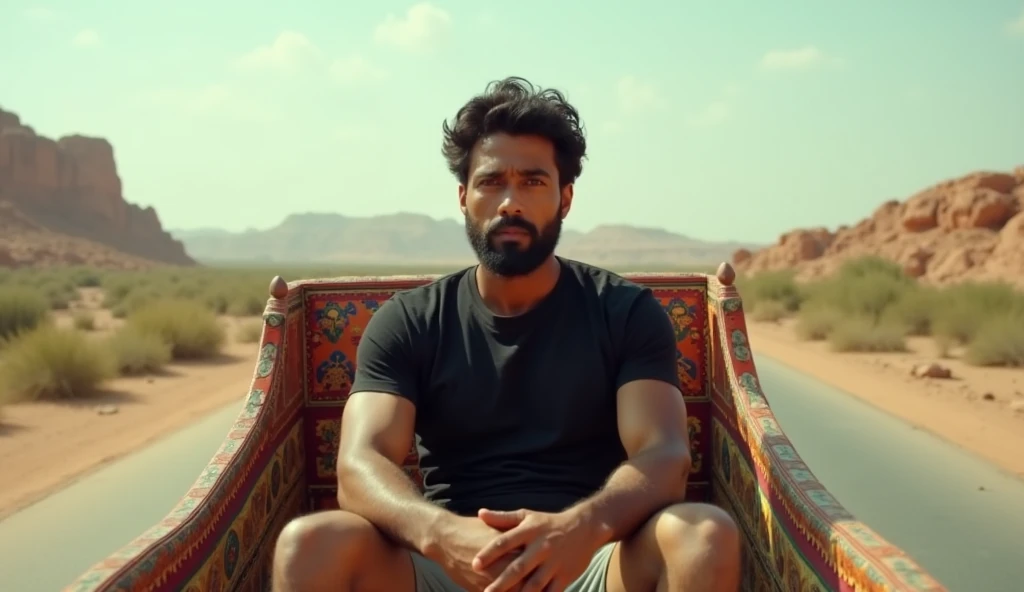 A indian handsome man waring black t shirt sitting in a ghoda gadi at alone road in rajasthan in 1980 daytime 