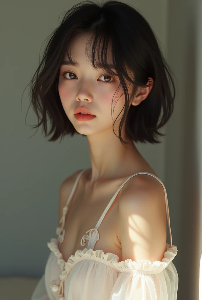 Edit Photos,Highly detailed background,Ultra-realistic,Double exposure,Depth of written boundary,Perfect Style,Straight hair,short cut bangs,lingerie