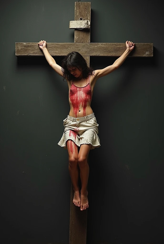 Sexy nun it tattered clothing nearly . She is nailed to an inverted cross like a crucifixion.