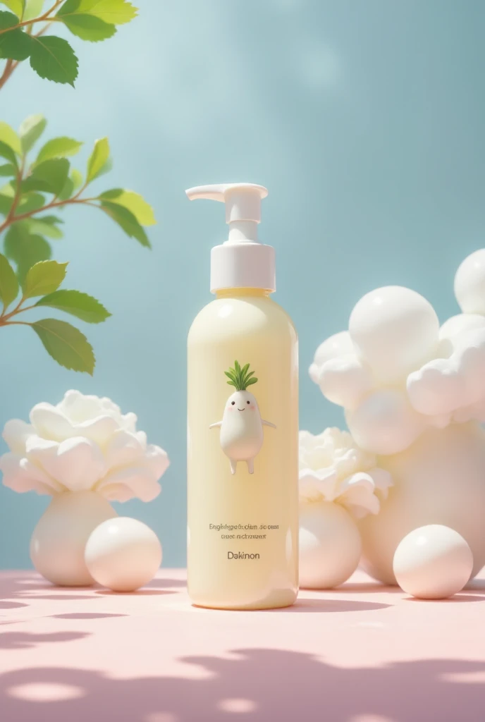 A realistic advertisement for a skin care cream with daikon's cute illustration on the label. The cream is placed in an elegant bottle, and the soft lighting accentuates its texture. The pastel colors of the background express calm and freshness, while daikon's cute character adds a playful touch.