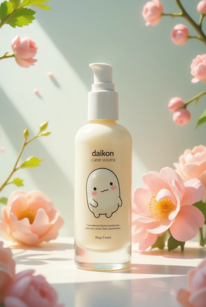 A realistic advertisement for a skin care cream with daikon's cute illustration on the label. The cream is placed in an elegant bottle, and the soft lighting accentuates its texture. The pastel colors of the background express calm and freshness, while daikon's cute character adds a playful touch.