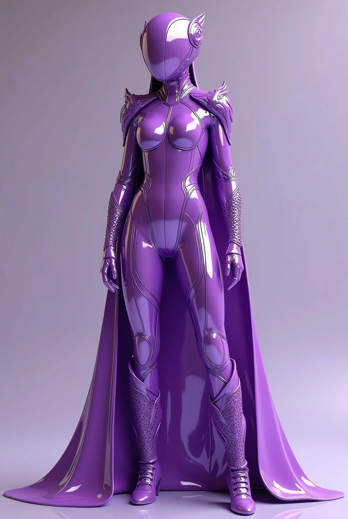 This lavender orchid-themed space outfit embodies the grace and beauty of the orchid flower. The form-fitting bodysuit features soft lavender hues with deep purple accents and intricate orchid patterns. The outfit is completed with a flowing cape, ankle-high boots, wrist-length gloves, and a sleek helmet adorned with orchid motifs. Elegant orchid jewelry adds the final touch, creating a sophisticated and enchanting look perfect for any cosmic journey.