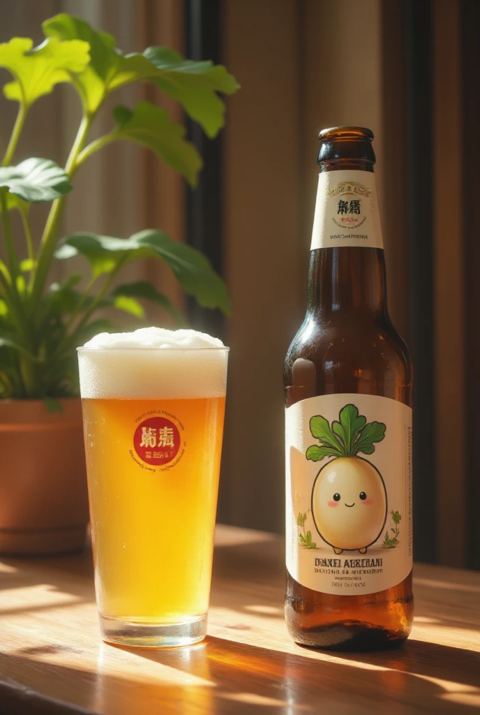 This realistic beer ad incorporates a daikon logo on a label with a cute daikon illustration,A poured beer glass is placed beside it,The stylish background makes the beer bottle stand out and the warm lighting enhances the appeal.