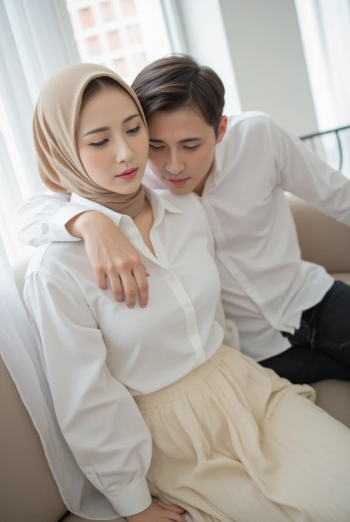 Masterpiece (RAW), 8k quality photos, high resolution, realistic. Beautiful Asian woman wearing beige hijab on head, wearing white shirt with open buttons. (showing breasts, big breasts) Wearing a long cream pleated skirt. Sleep on a sofa with a thin white curtain partition. Physical contact with a handsome man. the man wears long black jeans. Full of love, Passionate. hotel room background. bright lighting, soft colors.