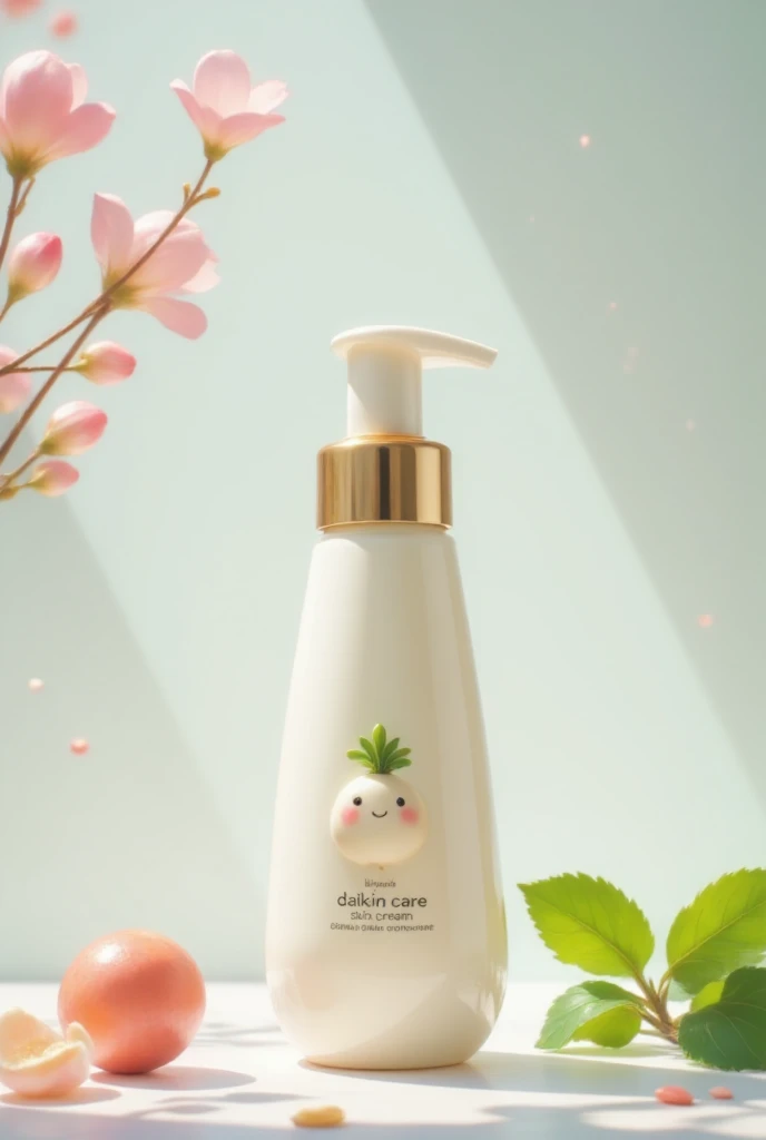 A realistic advertisement for a skin care cream with daikon's cute illustration on the label. The cream is placed in an elegant bottle, and the soft lighting accentuates its texture. The pastel colors of the background express calm and freshness, while daikon's cute character adds a playful touch.