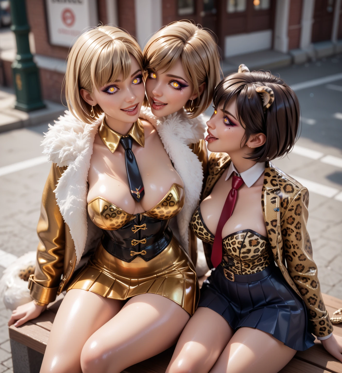 2 girls sitting on the street,  short hair, Lens reflection,  reflecting light ,  high resolution ,  masterpiece, startled, In extremely tight shiny golden latex polo shirt, fur coat, saliva, salivafluss, salivaspur,smile, corset, pleated skirt, Necktie,  very strong shiny skin , very strong makeup, Leopard print,glowing eyes,  legs crossed ,Breasts, from above,  Looking at the viewer , kiss