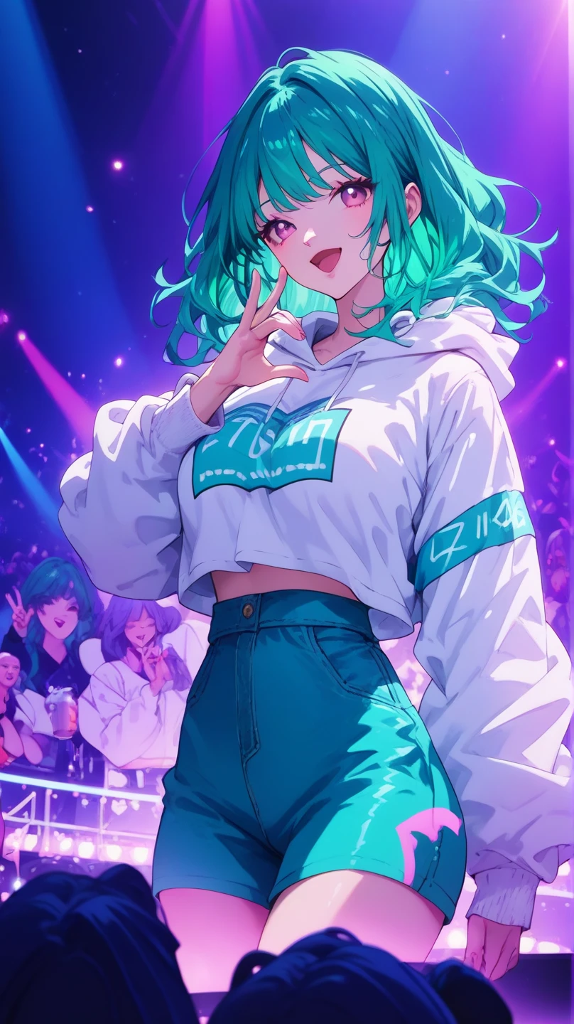 a mature woman with long wavy dark teal green hair, pink eyes, white hoodie crop top kpop outfit, stage, singing, mug smile, concert, colorful lighting, finger heart sign