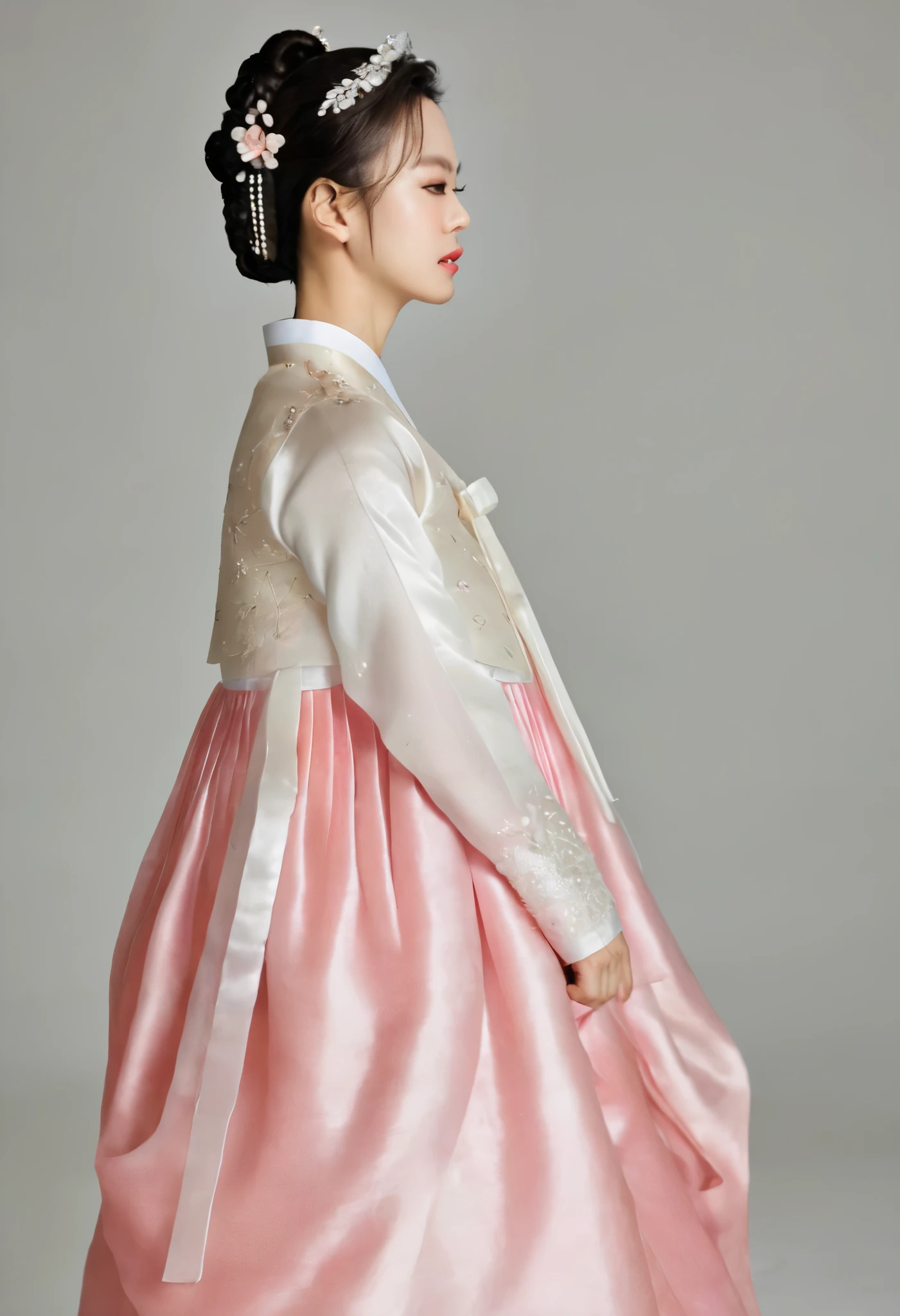 A Korean man in women's hanbok, hi is crossdresser, His face and hairstyle are very masculine, silk, Mother of the Bride hanbok Dress Outfit, breasts like a woman, white and pink, slender female body, see-through jacket, satin, little side view, full body shot