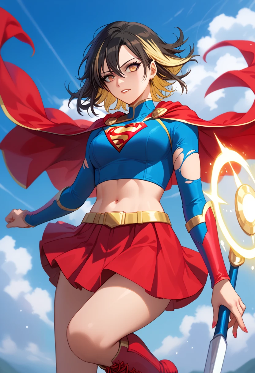 Ikaruga Luca, with her poised and elegant demeanor, brings an air of quiet strength to the classic Supergirl costume. The iconic blue top, adorned with the bright red and yellow 'S' emblem, contrasts beautifully with her medium, dark hair with yellow inner hair. Her red cape flows gracefully behind her, adding a dynamic yet regal touch to her composed presence. The red skirt and matching knee-high boots complete the look, highlighting her tall and slender frame, giving her an aura of both grace and heroism. Luca’s calm and focused expression remains unchanged, but now reflects a subtle determination as she embodies the empowering Supergirl persona. The transformation perfectly balances her natural elegance with the courageous and strong-willed spirit of a superhero. In this role, Luca stands as a symbol of resilience and inner strength, ready to take on any challenge with poise and confidence, all while maintaining her composed, dignified charm. l_ikaruga, 1girl, blonde hair, yellow eyes, multicolored hair, bangs, black hair, hair between eyes, two-tone hair, colored inner hair, medium hair