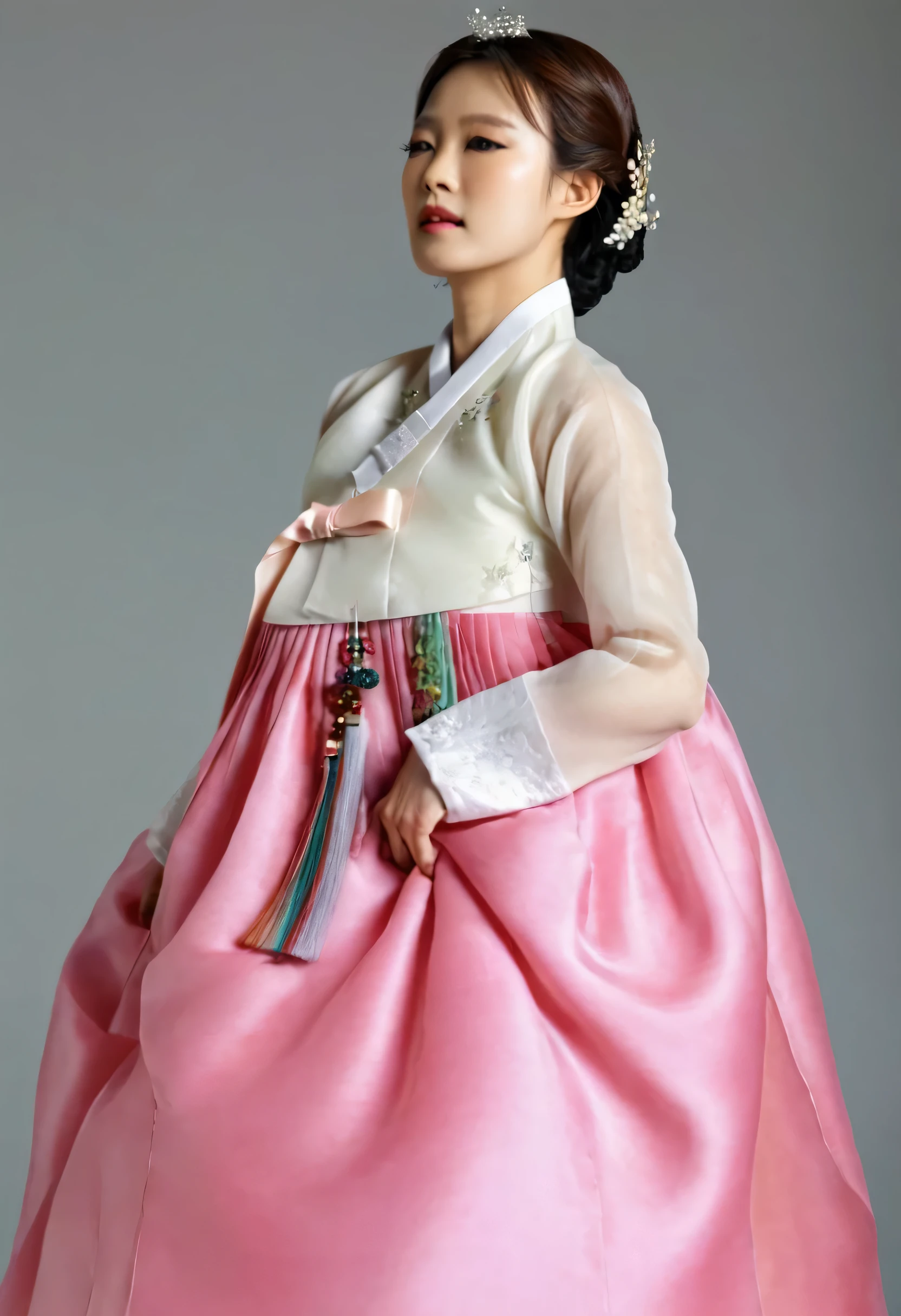 A Korean man in women's hanbok, hi is crossdresser, His face and hairstyle are very masculine, silk, Mother of the Bride hanbok Dress Outfit, breasts like a woman, white and pink, slender female body, see-through jacket, satin, little side view, full body shot