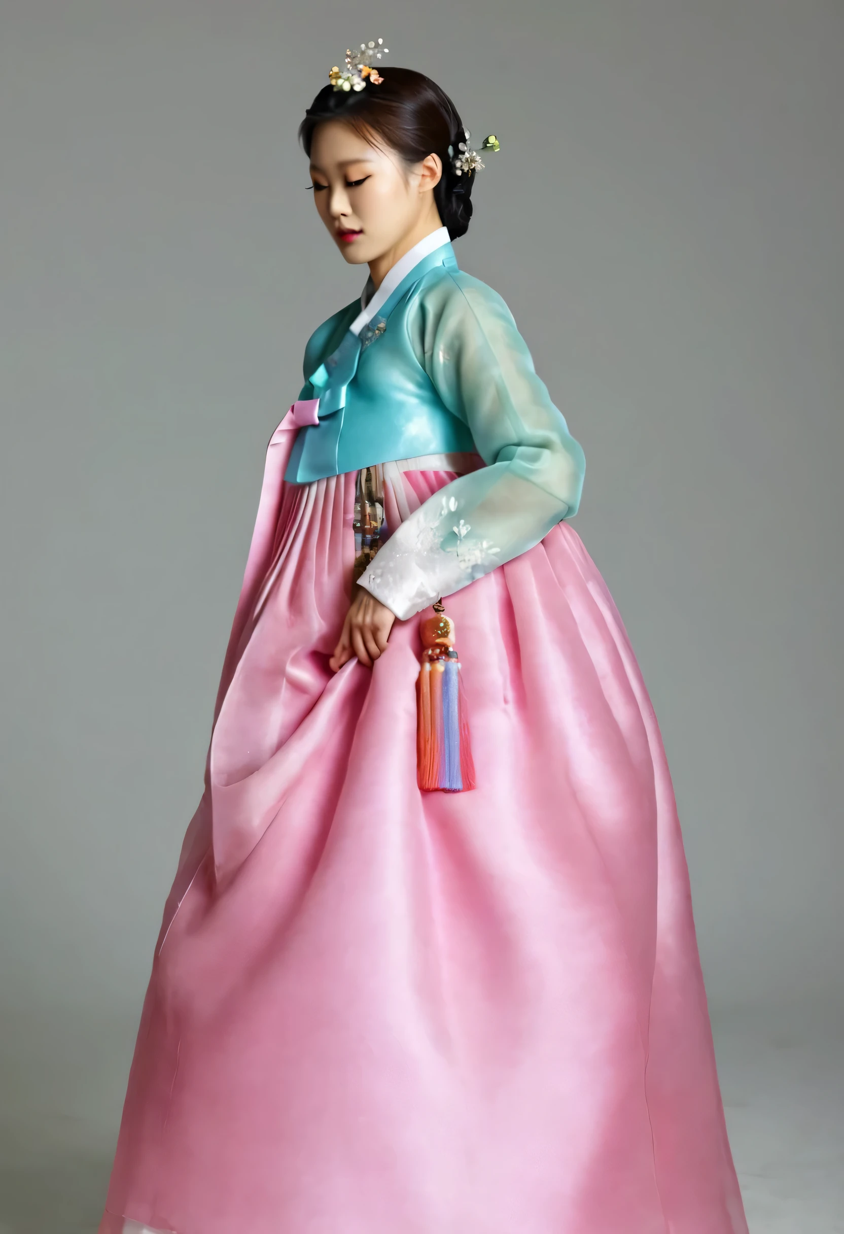 A Korean man in women's hanbok, hi is crossdresser, His face and hairstyle are very masculine, silk, Mother of the Bride hanbok Dress Outfit, breasts like a woman, white and pink, slender female body, see-through jacket, satin, little side view, full body shot