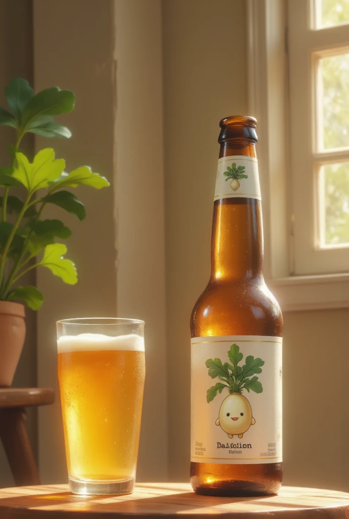 This realistic beer ad incorporates a daikon logo on a label with a cute daikon illustration,A poured beer glass is placed beside it,The stylish background makes the beer bottle stand out and the warm lighting enhances the appeal.