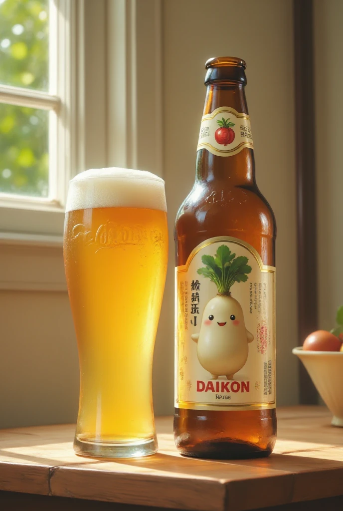 This realistic beer ad incorporates a daikon logo on a label with a cute daikon illustration,A poured beer glass is placed beside it,The stylish background makes the beer bottle stand out and the warm lighting enhances the appeal.