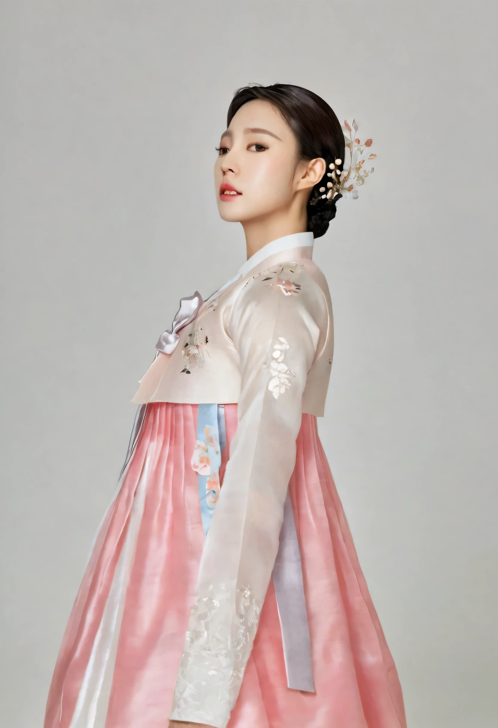 A Korean man in women's hanbok, hi is crossdresser, His face and hairstyle are very masculine, silk, Mother of the Bride hanbok Dress Outfit, breasts like a woman, white and pink, slender female body, see-through jacket, satin, little side view, full body shot