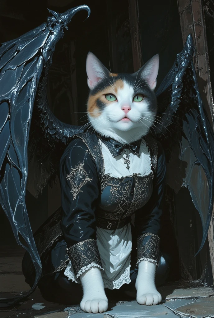 ultra hyper realistic photo of a chubby calico cat kneeling on one knee, with dark, ominous wings spread wide, emitting a powerful aura. The cat wears a high-quality gothic apron with intricate embroidery and patterns, surrounded by a dark, foreboding atmosphere reminiscent of Dark Souls. The medieval stone castle kitchen is dimly lit with heavy shadows and cold lighting, emphasizing the eerie and dramatic presence of the cat.