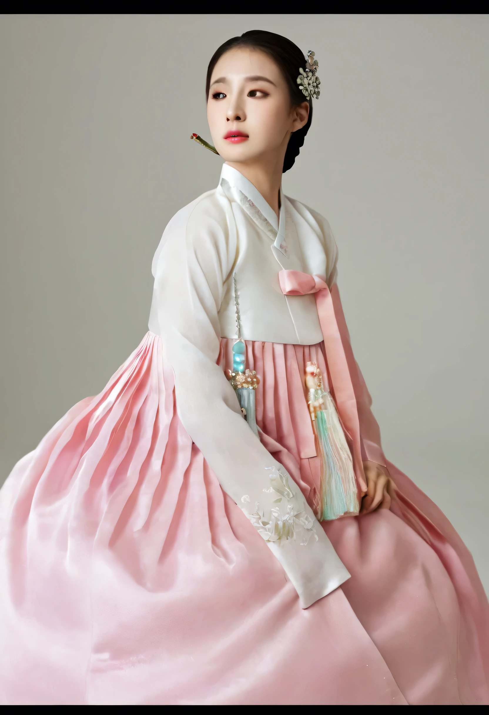 A Korean man in women's hanbok, hi is crossdresser, His face and hairstyle are very masculine, silk, Mother of the Bride hanbok Dress Outfit, breasts like a woman, white and pink, slender female body, satin, little side view, full body shot, sit quietly