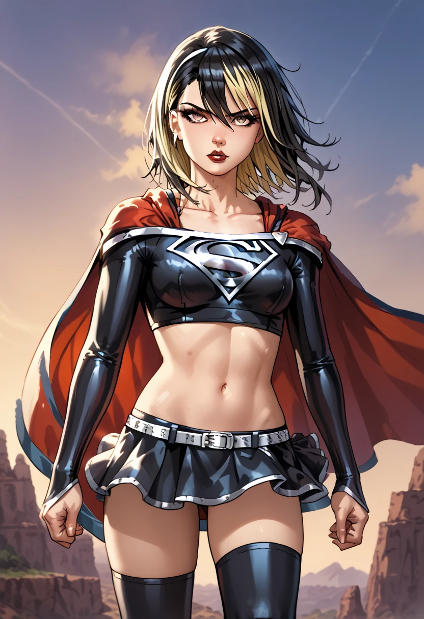 Ikaruga Luca, with her mysterious and composed aura, adds a striking intensity to the dark Supergirl costume. The deep, midnight-blue top, adorned with the darkened version of the 'S' emblem in black and silver, perfectly complements her elegant and serious demeanor. Her long, flowing dark hair blends seamlessly with the deep red cape that flows behind her, adding a sense of shadowy power to her presence. The dark skirt and black black knee-high boots further accentuate her tall, graceful figure, giving her a fierce and commanding appearance. She has medium, dark hair with yellow inner hair
Luca’s expression remains calm and enigmatic, but now with a more intense focus, reflecting the darker, more powerful essence of the Supergirl persona. Her transformation into the dark Supergirl embodies a blend of grace and strength with an edge of mystery, making her a formidable force. In this form, she exudes a quiet but overwhelming sense of power and determination, ready to face any challenge with poise and unwavering resolve, while her darker attire adds an alluring sense of danger and intrigue. l_ikaruga, 1girl, blonde hair, yellow eyes, multicolored hair, bangs, black hair, hair between eyes, two-tone hair, colored inner hair, medium hair