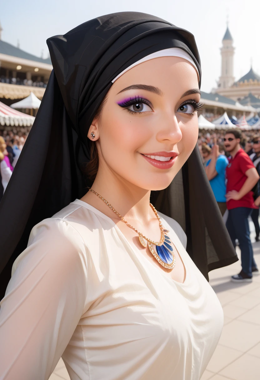 Masterpiece, realistic, best quality, best lighting, 1 girl photo solo, beautifully makeup, eyeshadow, Parted Lips, Detailed Eyes, beautiful big eyes, long eye lashes, smile, wearing ((black satin headscarf), loosely tide hijab style), ((brown satin long shirt)),(molestation:1.1) absorber,(​masterpiece、top-quality、8K ),intricate detailes,ultra-detailliert、2 Beautiful Arab Woman belly dancing、in America market crowd (crowd of Arab traditional mens: 1.2), crowd chairing with joy, showing Arab sorwad. (Ancient Arab national costumes,Hijab:1.1), (face veils:1.1)A slight smil、darkskinned、black curly hair、Arabian Market、Hyper realistic,Perfect Anatomy, beautiful face details, hands details ,wide hip, crowd chairing with joy happiness waving stowed Arab weaponsvaginal area