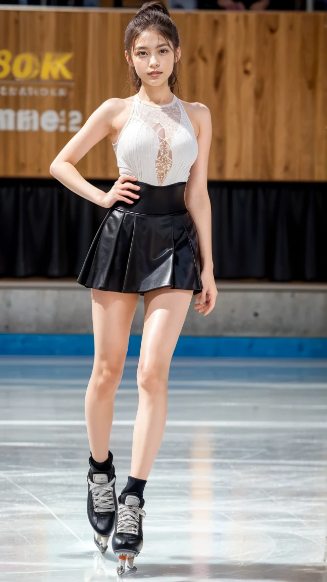 (8k, best quality:1.3), (extremely detailed:1.2), perfect anatomy, beautiful Japanese woman, 18 years old, healthy thighs, beautiful legs, beautiful skin, random hair color, random hairstyle, large breasts, (she is standing:1.2), female figure skater, figure skating outfit, (miniskirt:1.3), full body shot, skate shoes, skating rink, Kasumi Arimura