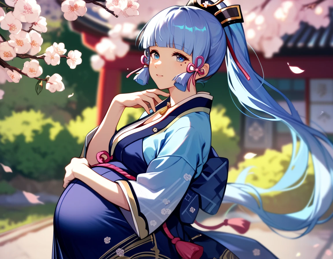 defAya, blue hair, blue eyes, blunt bangs, mole under eye, ponytail, long hair, hair ornament, hair ribbon, blue jacket, hakama, japanese dress, pregnant
