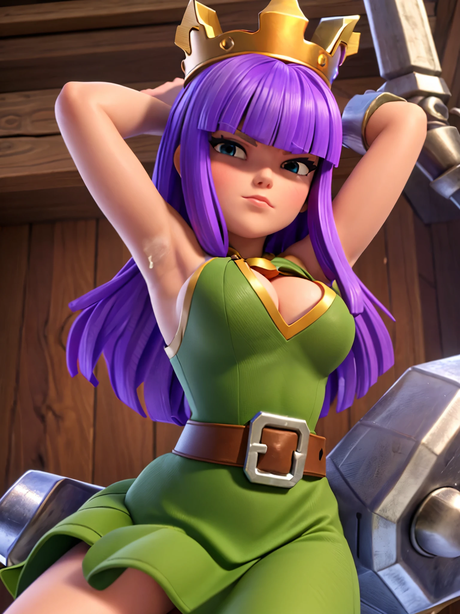 ArcherQueen, 1girl, solo,holding bow, long hair, purple hair, blunt bangs,
green dress, dress, cape, crown, bracer, quiver,tight clothes, big breast,cleavage, spread legs,tying in hair,horny,blush,steam,sweat,armpits,legs, lying on the bed
