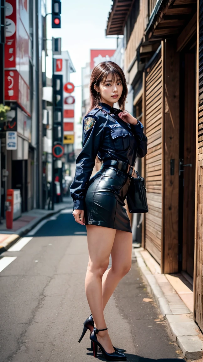 beautiful Japanese woman, 22 years old, perfect anatomy, healthy thighs, beautiful legs, beautiful skin, random hair color, random hairstyle, large breasts, female police officer, (Japanese police uniform:1.3), (miniskirt:1.3), (she is standing:1.2), full body shot, high heels, city street, (best quality, 4k, 8k, highres, masterpiece:1.3), (extremely detailed:1.2), Kasumi Arimura