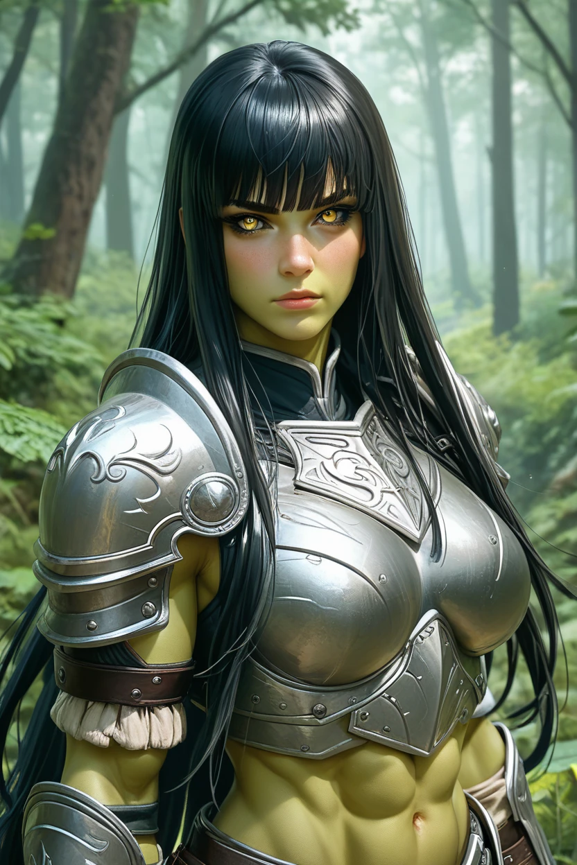 Solo, Female, (yellow eyes), muscular warrior, very Long jetblack hair, long bangs, uneven bangs, wild hair,（sideface), gentleness, Cinematic, Solo, (shaded), (Detailed eyes):1.2, heavy armor, orc, (green skin), black sclera, forest