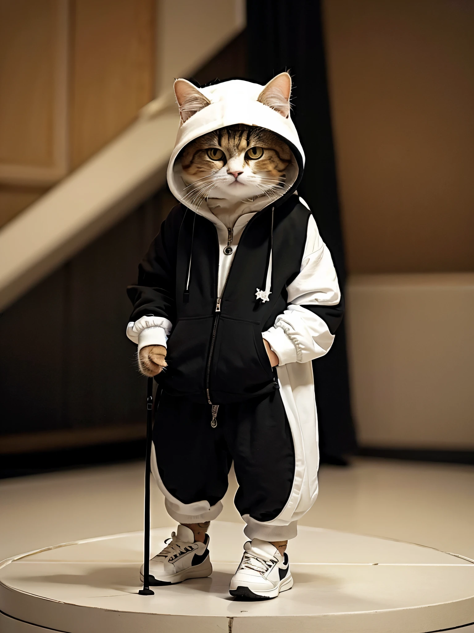 masterpiece, highest quality, cute cat, Wearing a black hooded casual suit, White sneakers, Cool expression, Cute digital illustration art,