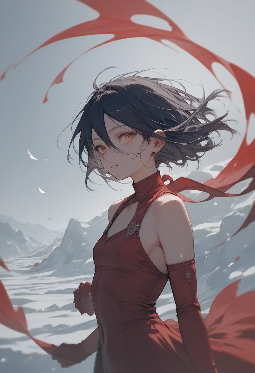 1girl,solo,looking at viewer,ikeda ruriko,velvet dress, elbow gloves, bare shoulders, red dress, red gloves, kuchiki_rukia, snow