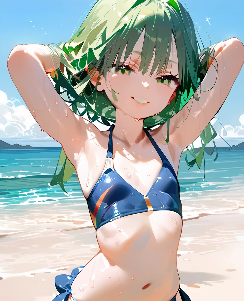  flat chest， green hair， Beach ， swimsuit，sweat， hands behind head，side，smile