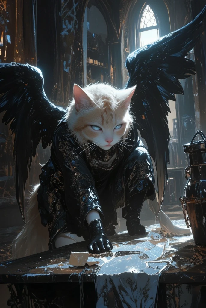 A chubby calico cat kneeling on one knee, with dark, glowing wings and a radiant black aura surrounding it. The cat wears a high-quality gothic apron with intricate embroidery and patterns, glaring with sharp, piercing eyes full of intensity. The medieval stone castle kitchen is shrouded in dim light, with heavy shadows and a foreboding atmosphere reminiscent of Dark Souls, highlighting the cat’s commanding and ominous presence.