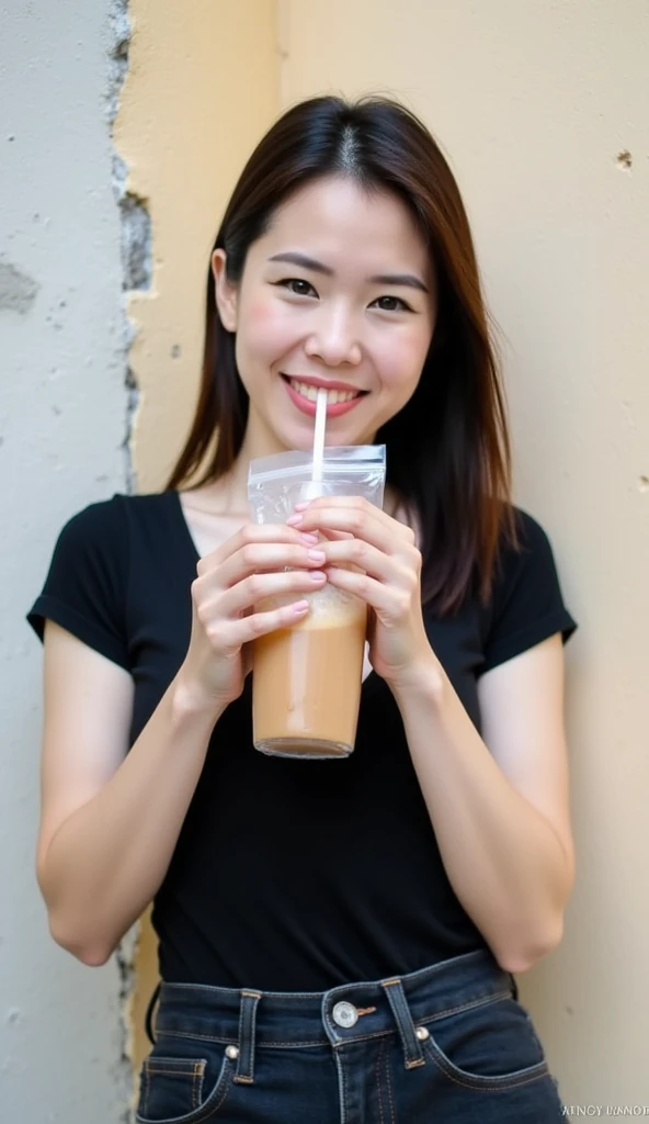 A young woman, likely in her late s or early twenties, with shoulder-length brown hair, is leaning against a weathered, off-white wall.  She's of East Asian ethnicity with a light complexion.  She wears a simple black, close-fitting, v-neck, short-sleeved top, and dark-wash denim jeans. Her expression is joyful and happy, actively involved in drinking from a plastic bag containing a brown beverage through a straw. Her hands are in the act of holding the bag and straw.  The wall behind her is heavily textured, with noticeable cracks and a slightly rough surface.  The lighting is natural and soft, casting no harsh shadows. Ambient light is diffused, highlighting the textures of the subject and the wall. The overall style is candid, and the mood is cheerful and relaxed, typical of casual, street-style photography. The image appears to be shot from a slightly low angle, focusing on the subject.  The color palette is predominantly neutral and earthy tones with a focal contrast presented by the drink inside the bag and the subject's clothing.  The bag and surrounding elements exhibit subtle, soft texture.  The image conveys a relaxed and casual feeling.