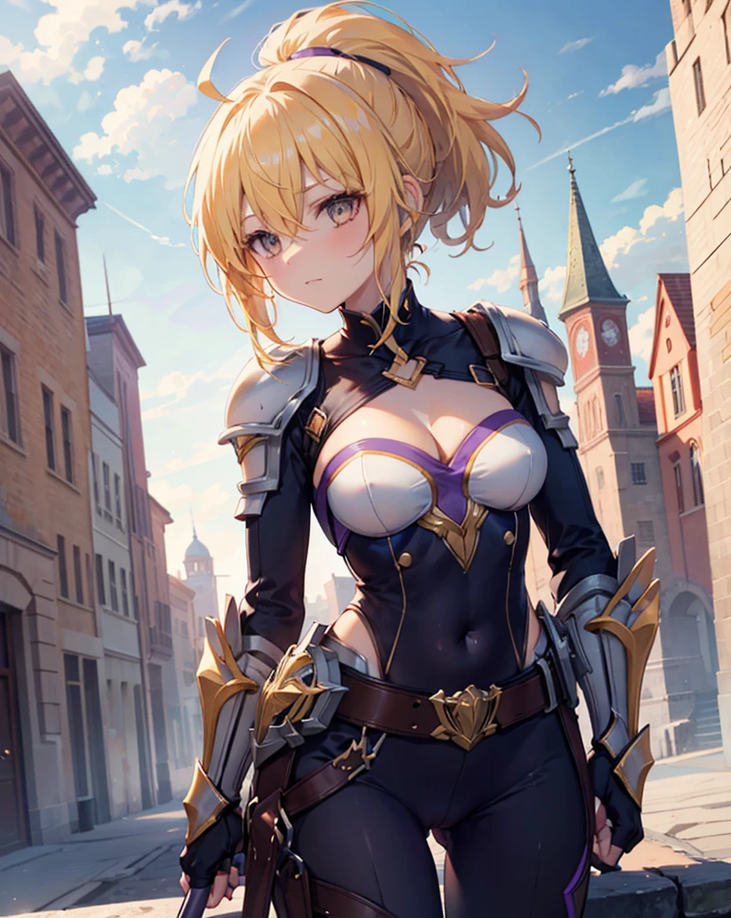 masterpiece, best quality, absurdes, 1woman, 1girl, fanny, blonde hair, ponytail, ahoge, hair between eyes, brown eyes, medium breasts, purple bodysuit, shoulder armor, gauntlets, long sleeves, cleavage, belt, fingerless gloves, armor, natural shading, lighting, detailed fingers, perfect body, showcase, outdoors, town, simple backround,