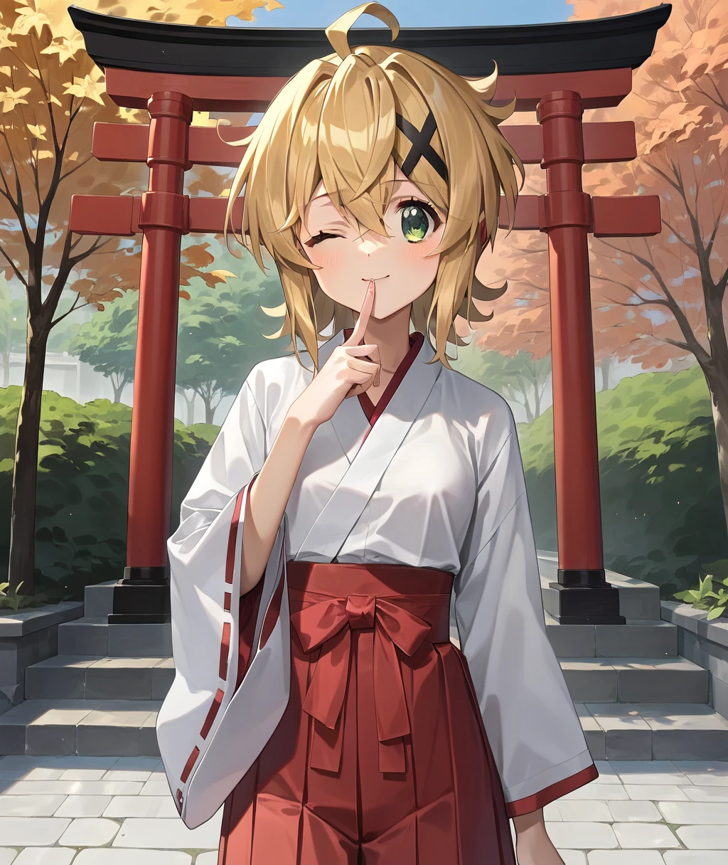 akatsuki_fever_senkizesshousymphogear，Blonde_hair, short_hair, green_eyes, shiny_hair, hair_ ornament , shiny, x_hair_ ornament , , hair_between_eyes,  jyojifuku, miko,red hakama,wink,torii,shrine,autumn,nipple,1finger to mouth